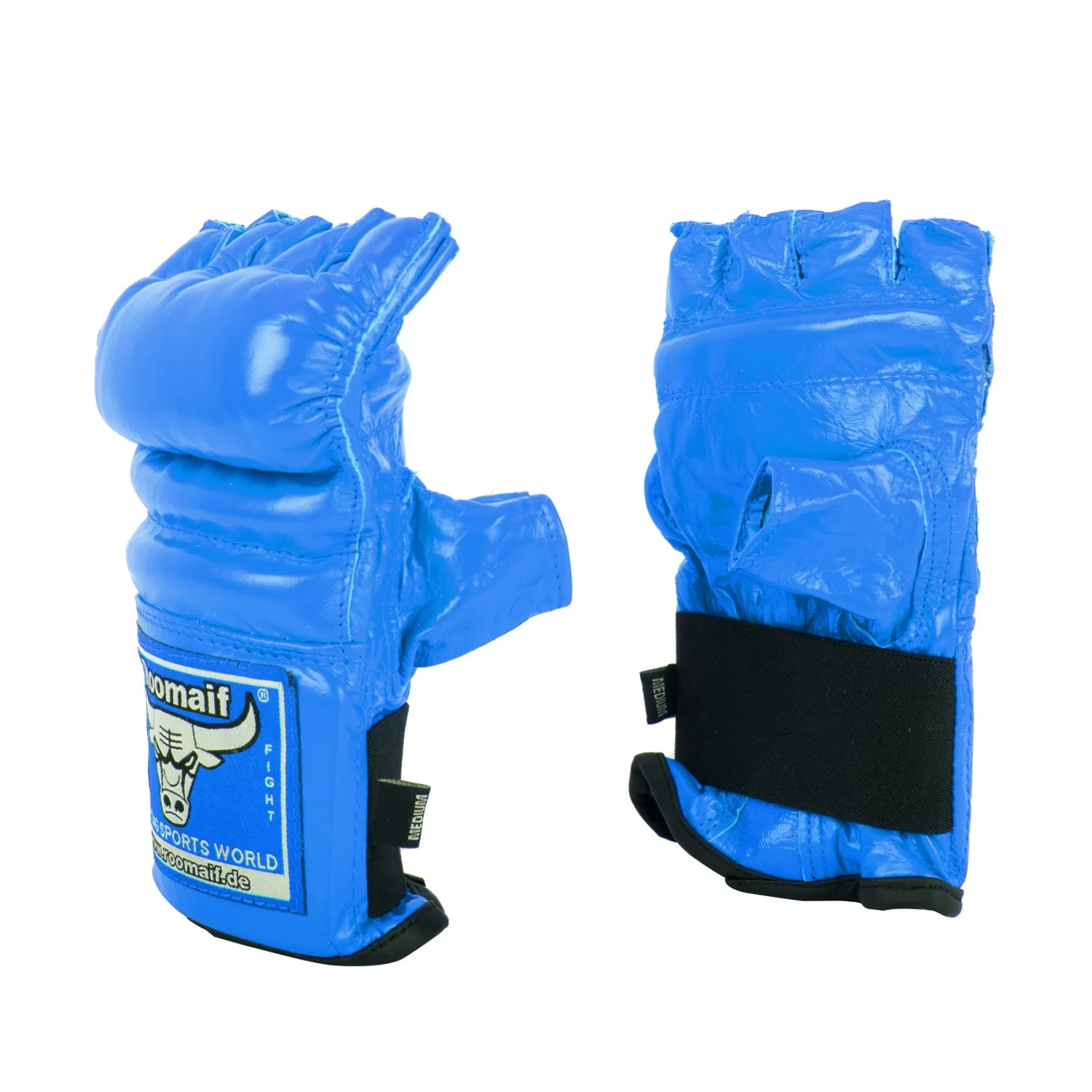 Реальное фото Перчатки для единоборств Roomaif MMA RBM-124 кожа blue от магазина СпортСЕ